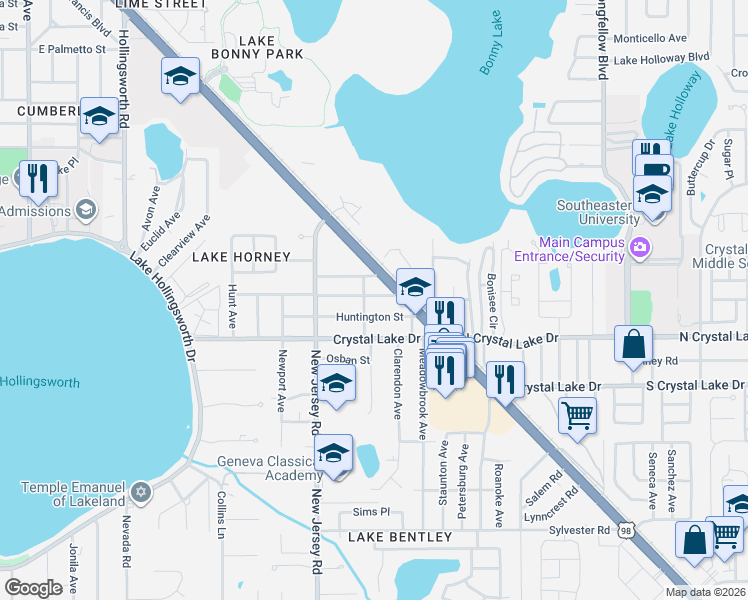 map of restaurants, bars, coffee shops, grocery stores, and more near 1709 Mockingbird Lane in Lakeland