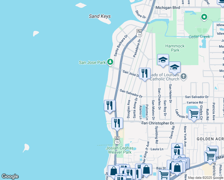 map of restaurants, bars, coffee shops, grocery stores, and more near 1594 Santa Barbara Drive in Dunedin