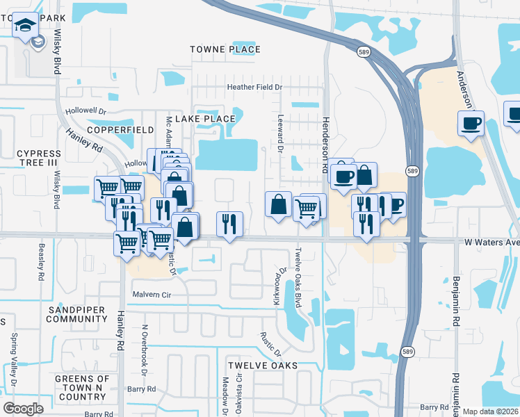map of restaurants, bars, coffee shops, grocery stores, and more near 8456 Sandy Beach Street in Tampa