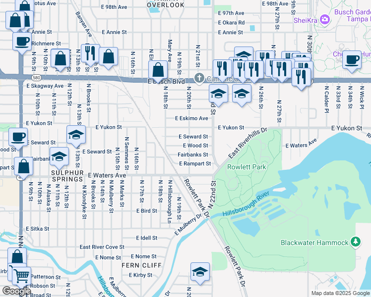 map of restaurants, bars, coffee shops, grocery stores, and more near 1823 E Wood St in Tampa