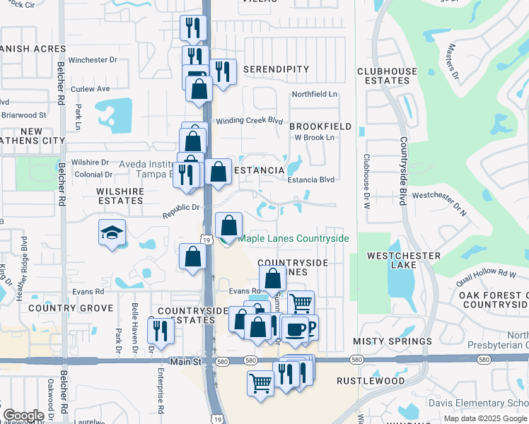 map of restaurants, bars, coffee shops, grocery stores, and more near 2608 Hammock Court in Clearwater