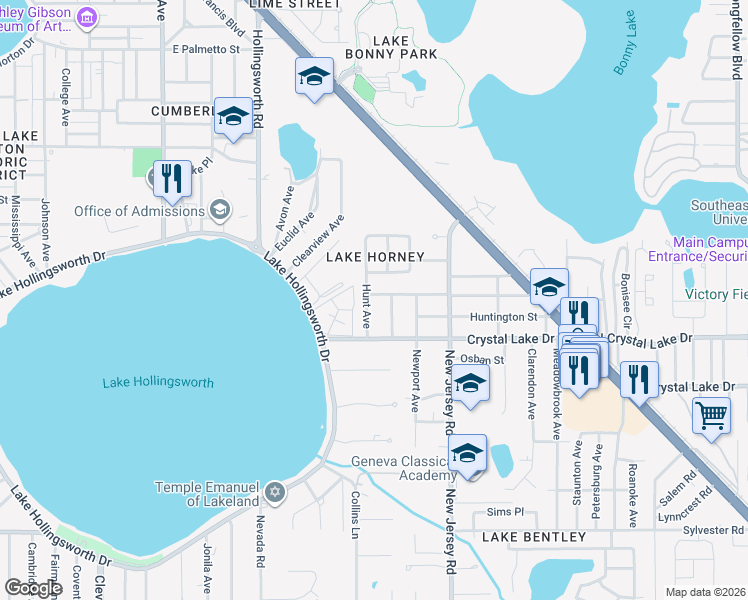 map of restaurants, bars, coffee shops, grocery stores, and more near 1403 Mockingbird Lane in Lakeland