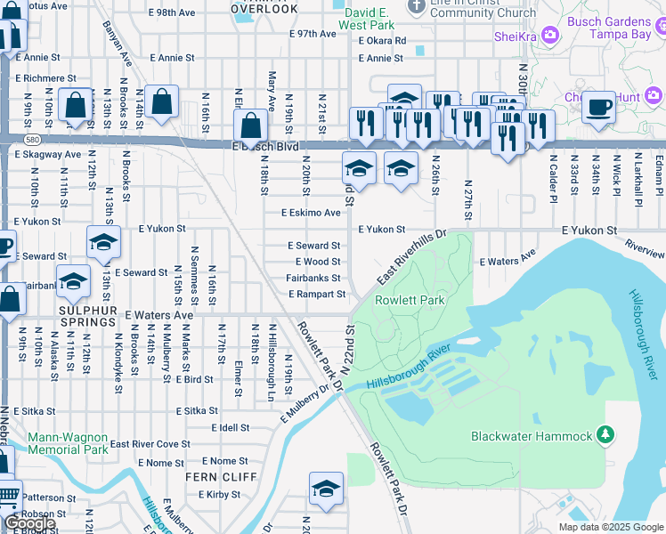 map of restaurants, bars, coffee shops, grocery stores, and more near 2015 East Wood Street in Tampa