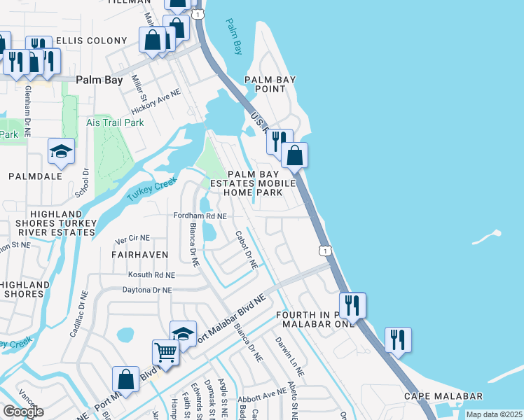 map of restaurants, bars, coffee shops, grocery stores, and more near 3113 Indian River Drive Northeast in Palm Bay