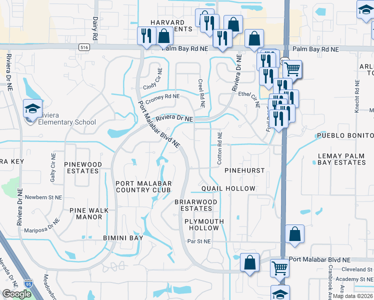 map of restaurants, bars, coffee shops, grocery stores, and more near 426 Port Malabar Boulevard Northeast in Palm Bay