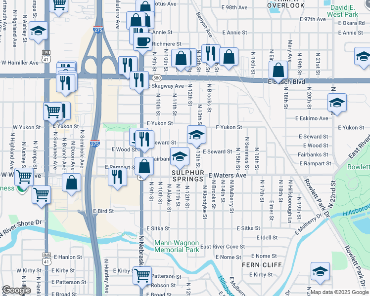 map of restaurants, bars, coffee shops, grocery stores, and more near 8512 North 12th Street in Tampa