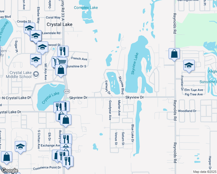 map of restaurants, bars, coffee shops, grocery stores, and more near 1307 Fairway Drive in Lakeland