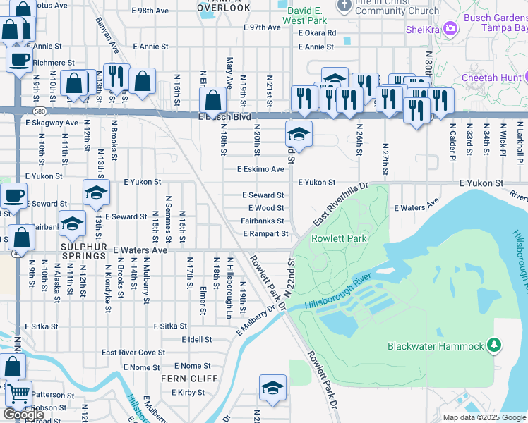 map of restaurants, bars, coffee shops, grocery stores, and more near 1823 East Wood Street in Tampa