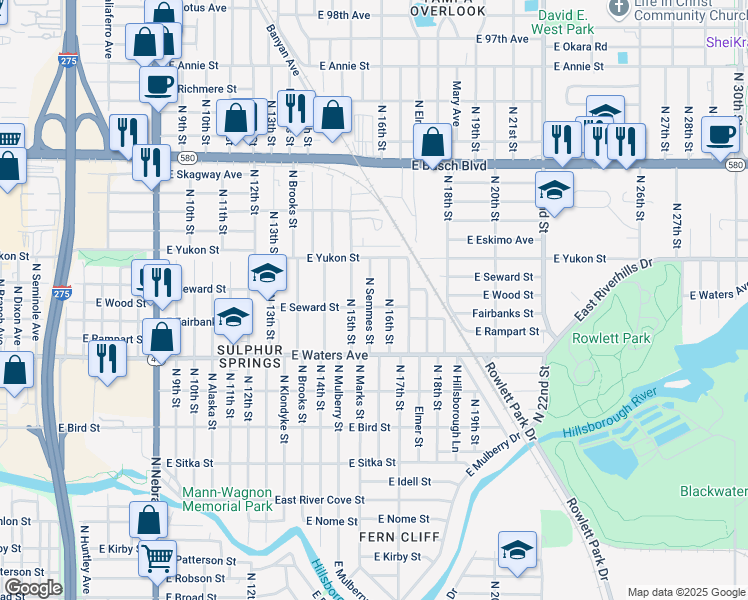 map of restaurants, bars, coffee shops, grocery stores, and more near 8506 North 16th Street in Tampa