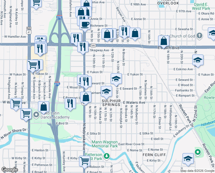 map of restaurants, bars, coffee shops, grocery stores, and more near 8512 North 12th Street in Tampa
