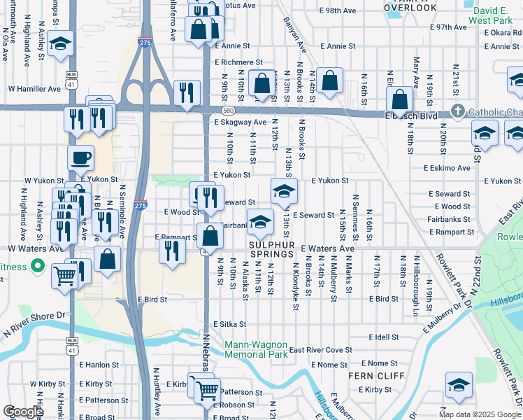 map of restaurants, bars, coffee shops, grocery stores, and more near 8512 North 12th Street in Tampa