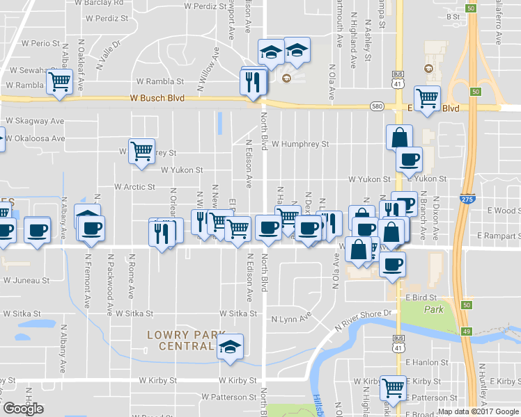 map of restaurants, bars, coffee shops, grocery stores, and more near 8505 North Edison Avenue in Tampa