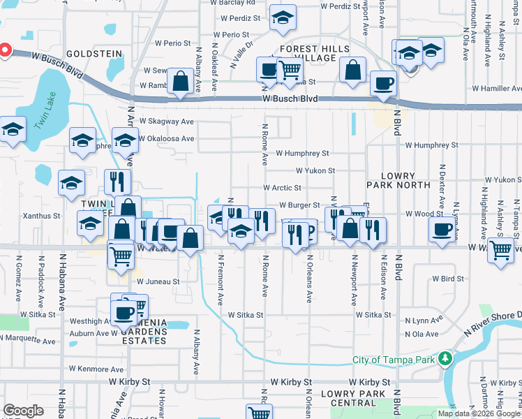 map of restaurants, bars, coffee shops, grocery stores, and more near 8508 North Rome Avenue in Tampa