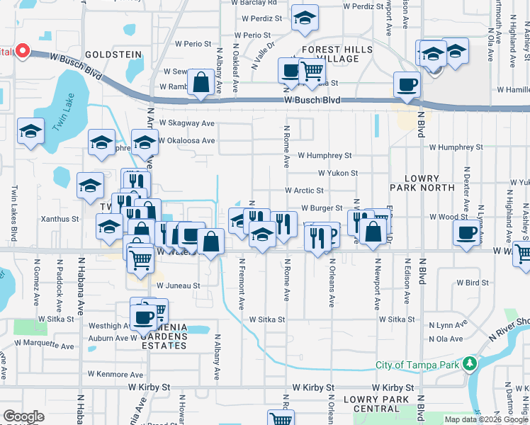 map of restaurants, bars, coffee shops, grocery stores, and more near 8424 North Packwood Avenue in Tampa