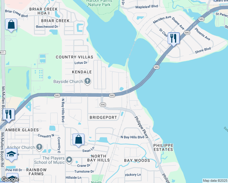 map of restaurants, bars, coffee shops, grocery stores, and more near 2913 Bay View Drive in Safety Harbor