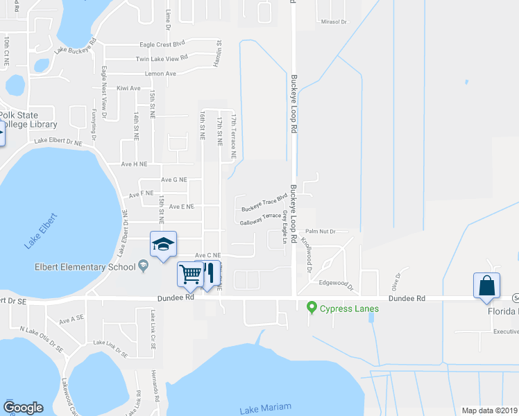 map of restaurants, bars, coffee shops, grocery stores, and more near 1347 Buckeye Trace Boulevard in Winter Haven