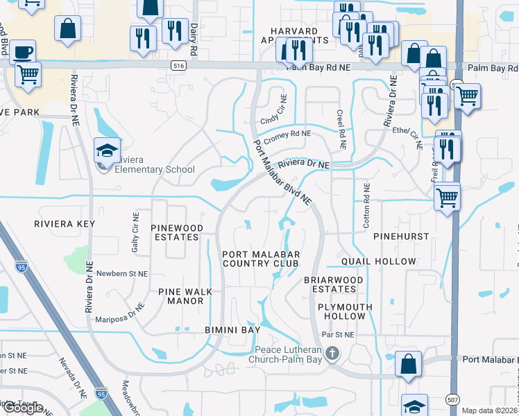 map of restaurants, bars, coffee shops, grocery stores, and more near 1305 Golf Vista Court Northeast in Palm Bay