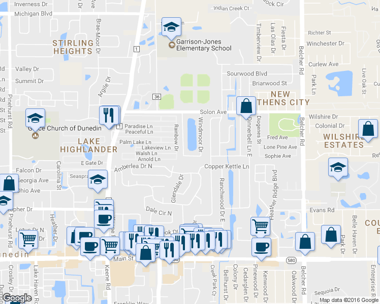 map of restaurants, bars, coffee shops, grocery stores, and more near 1720 Sutton Place in Dunedin
