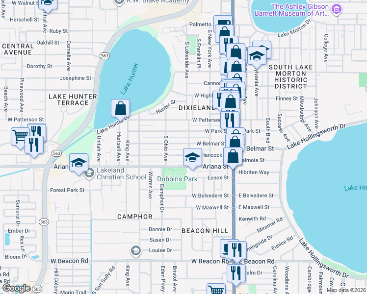 map of restaurants, bars, coffee shops, grocery stores, and more near 510 West Belmar Street in Lakeland