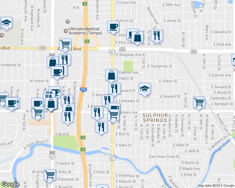 map of restaurants, bars, coffee shops, grocery stores, and more near 8512 North 9th Street in Tampa