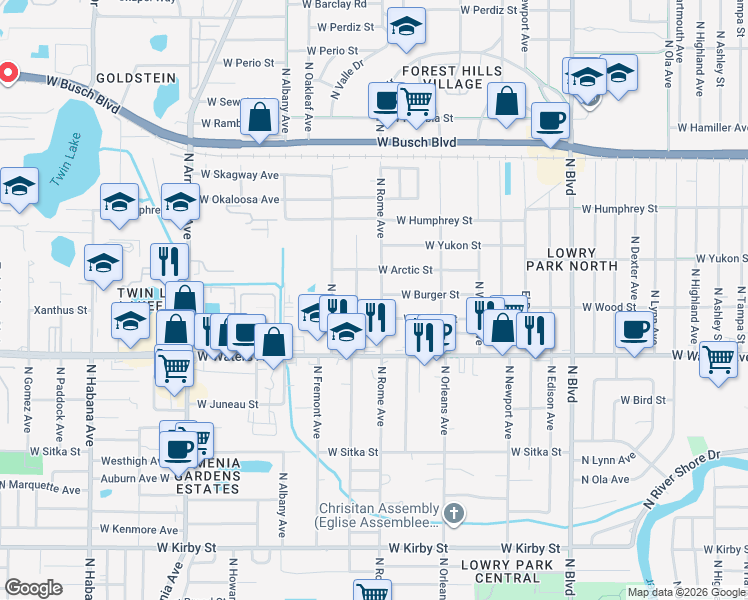 map of restaurants, bars, coffee shops, grocery stores, and more near 8508 North Rome Avenue in Tampa