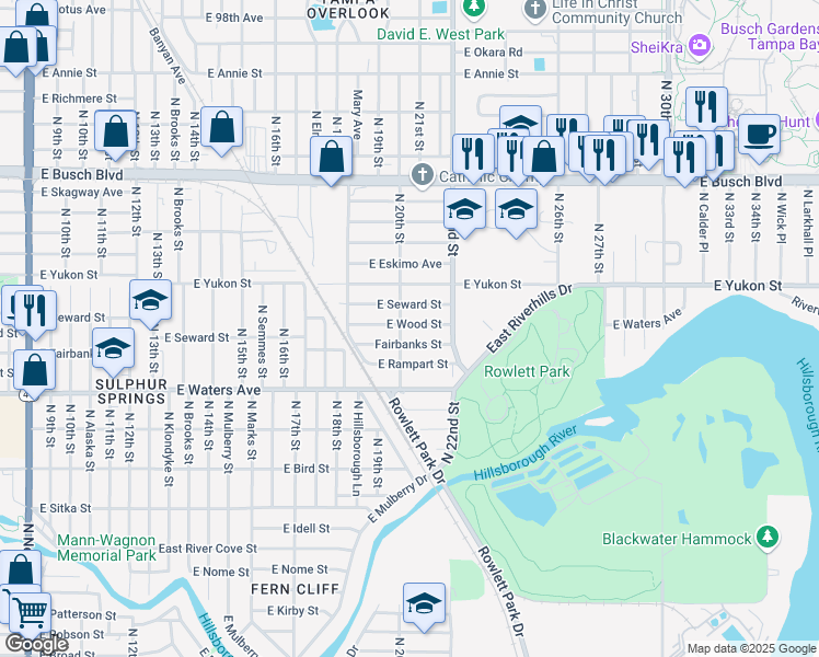 map of restaurants, bars, coffee shops, grocery stores, and more near 1823 East Wood Street in Tampa