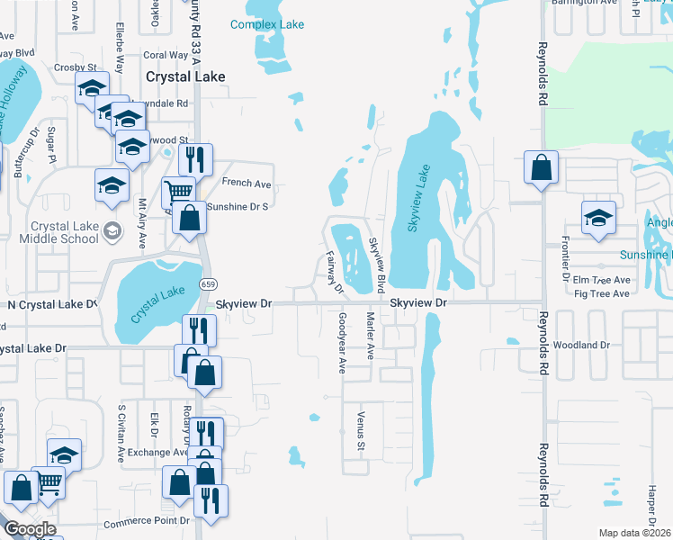 map of restaurants, bars, coffee shops, grocery stores, and more near 1318 Fairway Drive in Lakeland