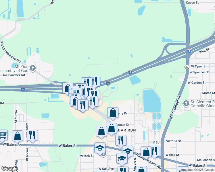 map of restaurants, bars, coffee shops, grocery stores, and more near 1209 Goldfinch Drive in Plant City