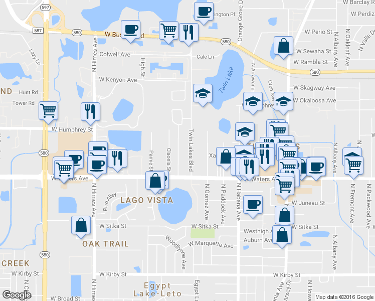 map of restaurants, bars, coffee shops, grocery stores, and more near 8504 Twin Lakes Boulevard in Tampa