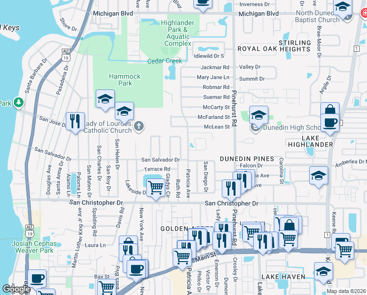 map of restaurants, bars, coffee shops, grocery stores, and more near 1627 Saint Catherine Drive East in Dunedin