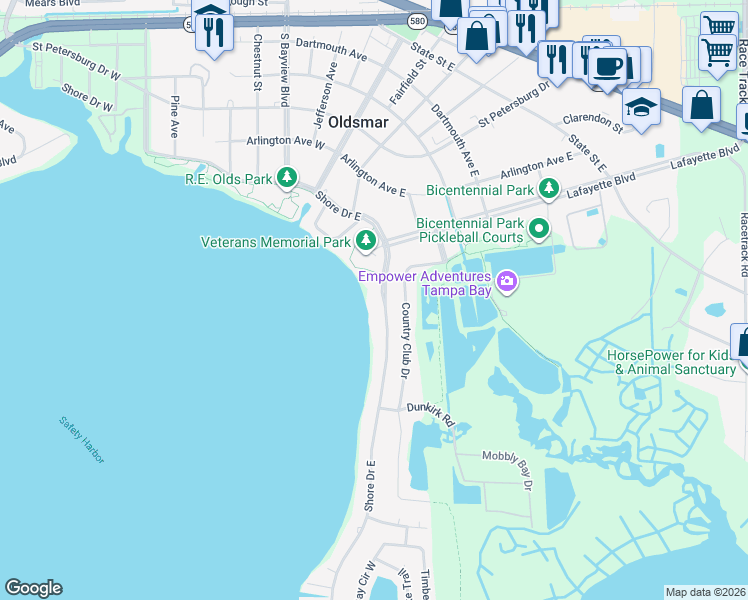 map of restaurants, bars, coffee shops, grocery stores, and more near 316 Shore Drive East in Oldsmar