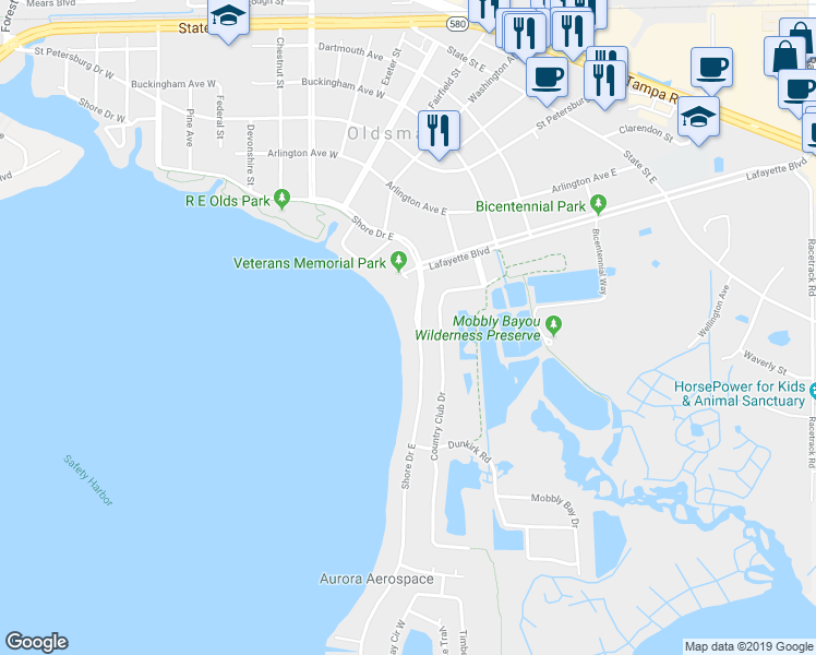map of restaurants, bars, coffee shops, grocery stores, and more near 316 Shore Drive East in Oldsmar