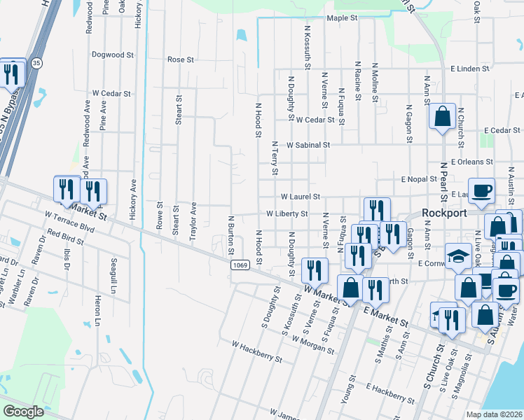 map of restaurants, bars, coffee shops, grocery stores, and more near 503 North Terry Street in Rockport