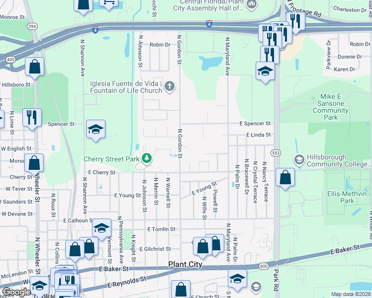 map of restaurants, bars, coffee shops, grocery stores, and more near 1400 North Gordon Street in Plant City