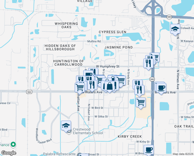 map of restaurants, bars, coffee shops, grocery stores, and more near 8418 North Lois Avenue in Tampa