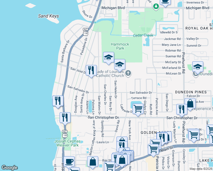 map of restaurants, bars, coffee shops, grocery stores, and more near 1625 San Charles Drive in Dunedin