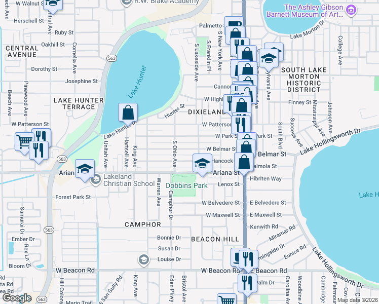 map of restaurants, bars, coffee shops, grocery stores, and more near 510 West Belmar Street in Lakeland