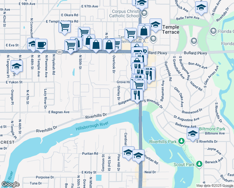 map of restaurants, bars, coffee shops, grocery stores, and more near 8612 Shirley Drive in Temple Terrace
