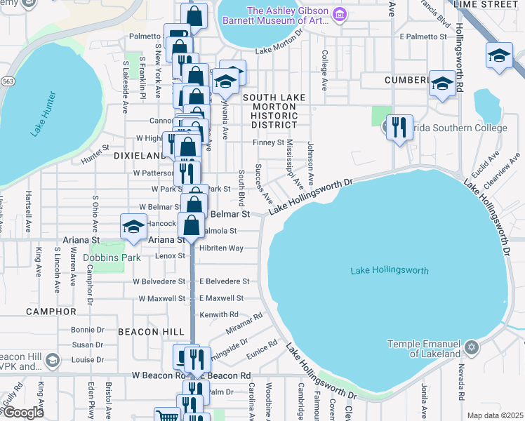 map of restaurants, bars, coffee shops, grocery stores, and more near 1 Lake Hollingsworth Drive in Lakeland