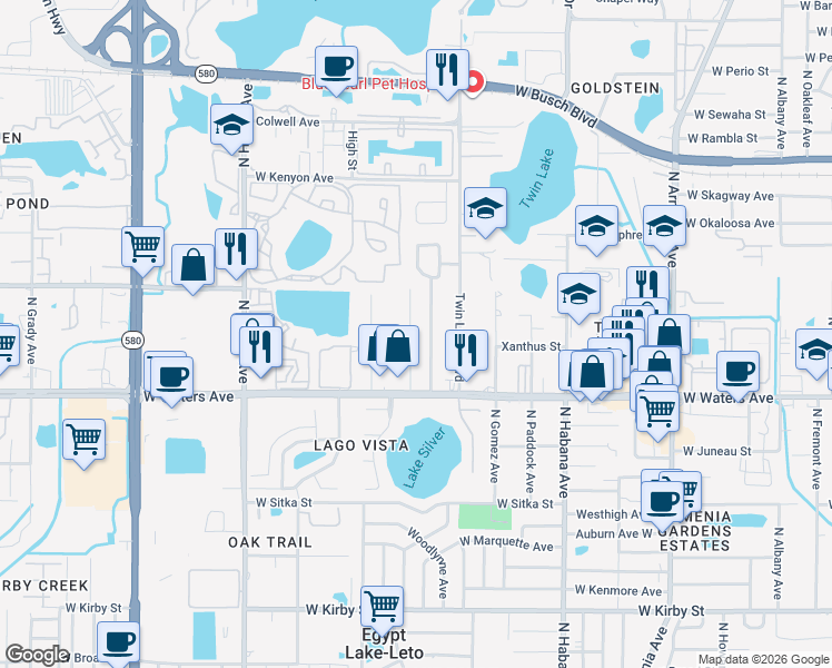 map of restaurants, bars, coffee shops, grocery stores, and more near 8505 Claonia Street in Tampa