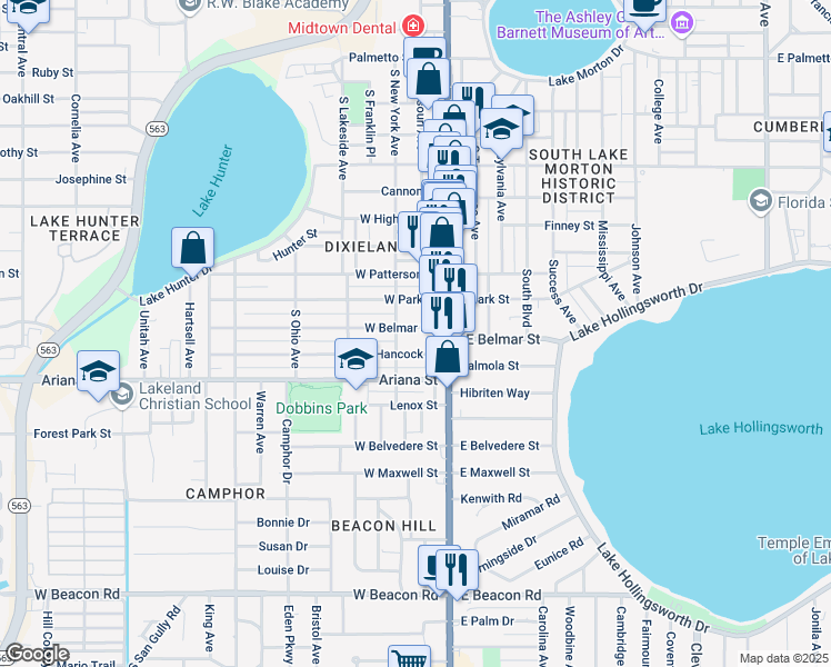 map of restaurants, bars, coffee shops, grocery stores, and more near 202 West Belmar Street in Lakeland