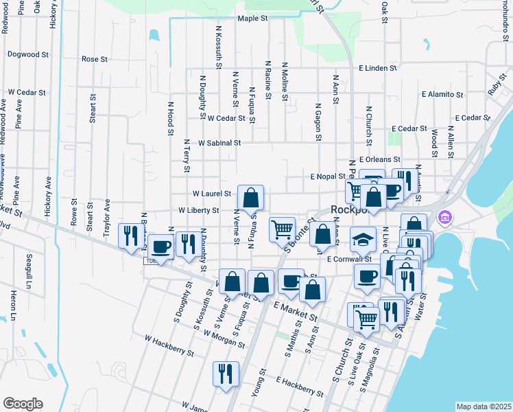 map of restaurants, bars, coffee shops, grocery stores, and more near 102 East Liberty Street in Rockport