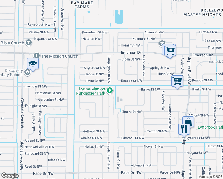 map of restaurants, bars, coffee shops, grocery stores, and more near 1191 Lamplighter Drive Northwest in Palm Bay