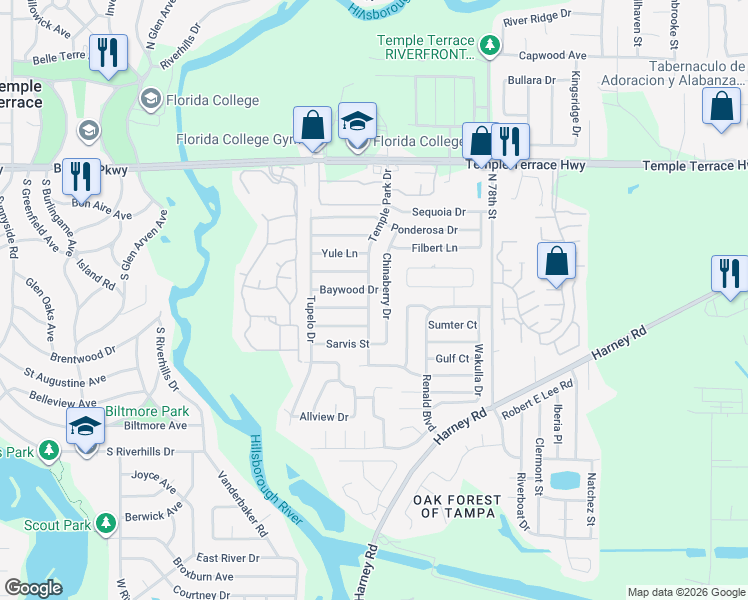 map of restaurants, bars, coffee shops, grocery stores, and more near 8511 Temple Park Drive in Tampa