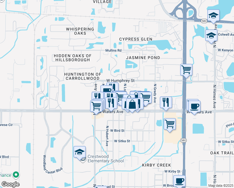 map of restaurants, bars, coffee shops, grocery stores, and more near 8418 North Lois Avenue in Tampa