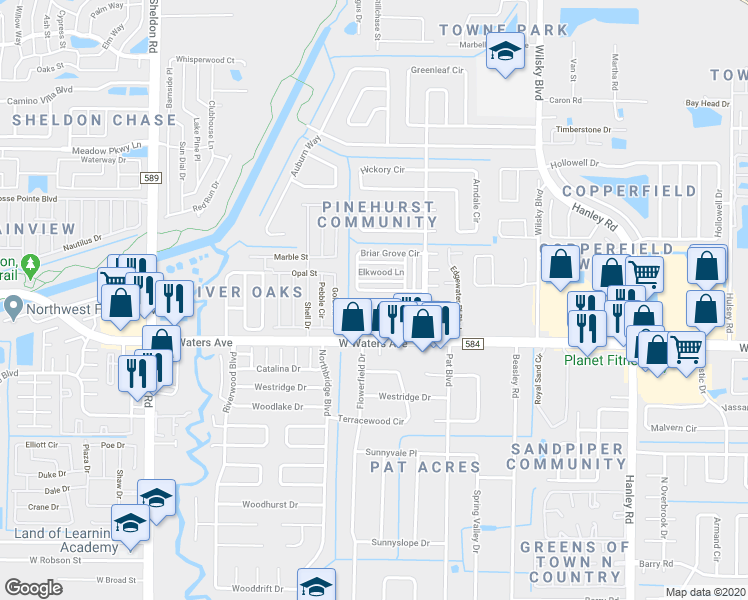 map of restaurants, bars, coffee shops, grocery stores, and more near 8530 Briar Grove Circle in Tampa