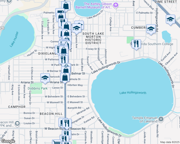 map of restaurants, bars, coffee shops, grocery stores, and more near 1 Lake Hollingsworth Drive in Lakeland