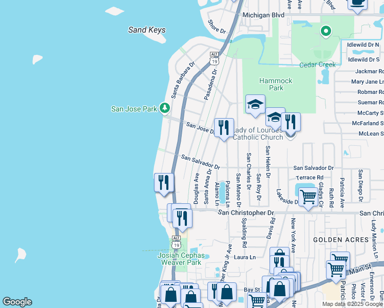 map of restaurants, bars, coffee shops, grocery stores, and more near 1611 Pasadena Drive in Dunedin