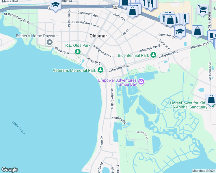 map of restaurants, bars, coffee shops, grocery stores, and more near 315 Shore Drive West in Oldsmar