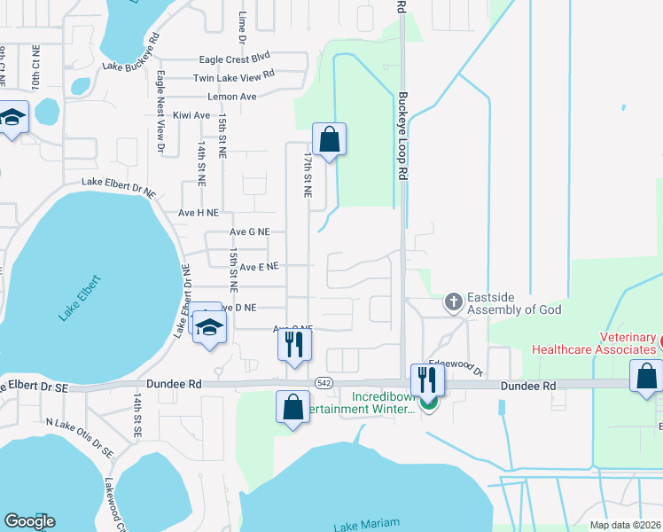 map of restaurants, bars, coffee shops, grocery stores, and more near 1388 Buckeye Trace Boulevard in Winter Haven